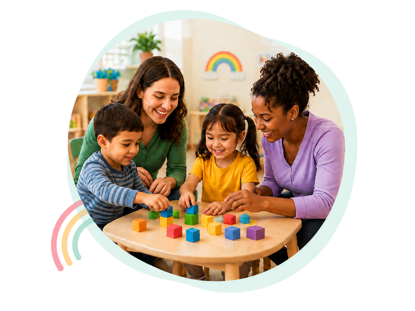 Two early-childhood professionals supporting two preschoolers during a classroom activity