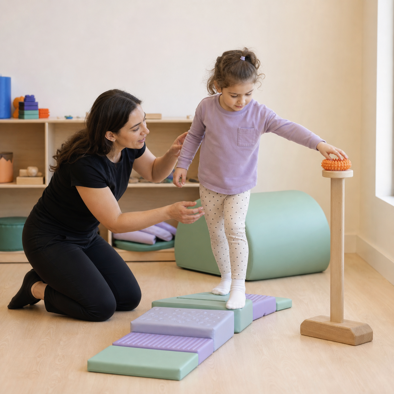 A therapist guiding a preschooler through a safe balance activity